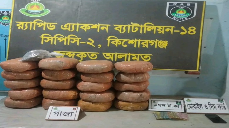 কিশোরগঞ্জে গাঁজা  কারবারির কাছ থেকে ৮ লাখ টাকার মাদক ও ২১ হা